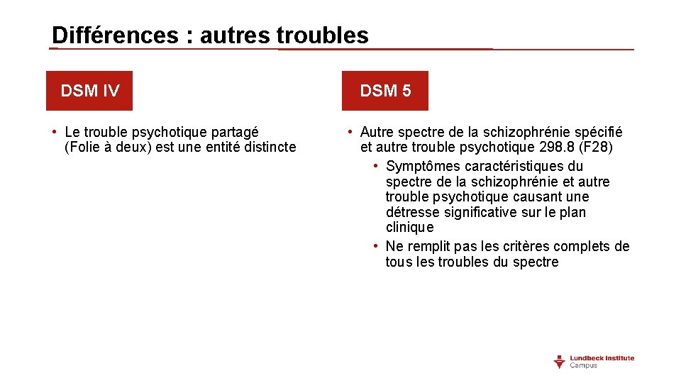 Différences : autres troubles DSM IV • Le trouble psychotique partagé (Folie à deux) Différences : autres troubles DSM IV • Le trouble psychotique partagé (Folie à deux)