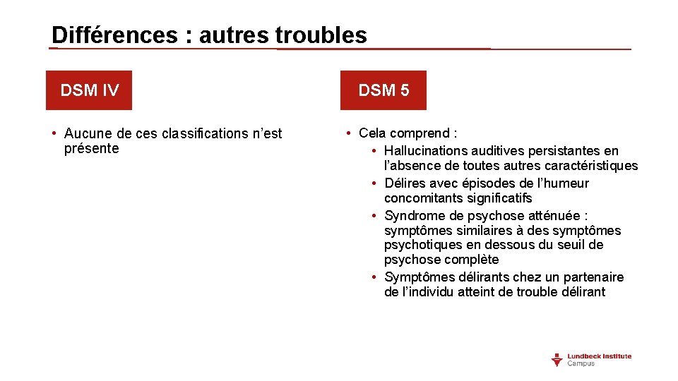 Différences : autres troubles DSM IV • Aucune de ces classifications n’est présente DSM Différences : autres troubles DSM IV • Aucune de ces classifications n’est présente DSM