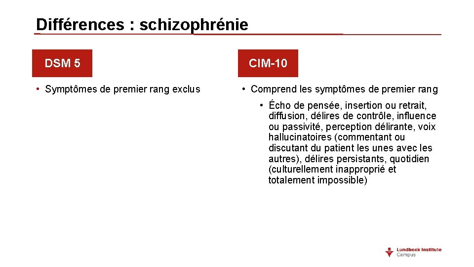 Différences : schizophrénie DSM 5 • Symptômes de premier rang exclus CIM-10 • Comprend Différences : schizophrénie DSM 5 • Symptômes de premier rang exclus CIM-10 • Comprend