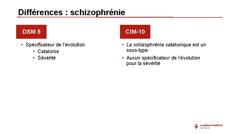 Différences : schizophrénie DSM 5 • Spécificateur de l’évolution • Catatonie • Sévérité CIM-10 Différences : schizophrénie DSM 5 • Spécificateur de l’évolution • Catatonie • Sévérité CIM-10