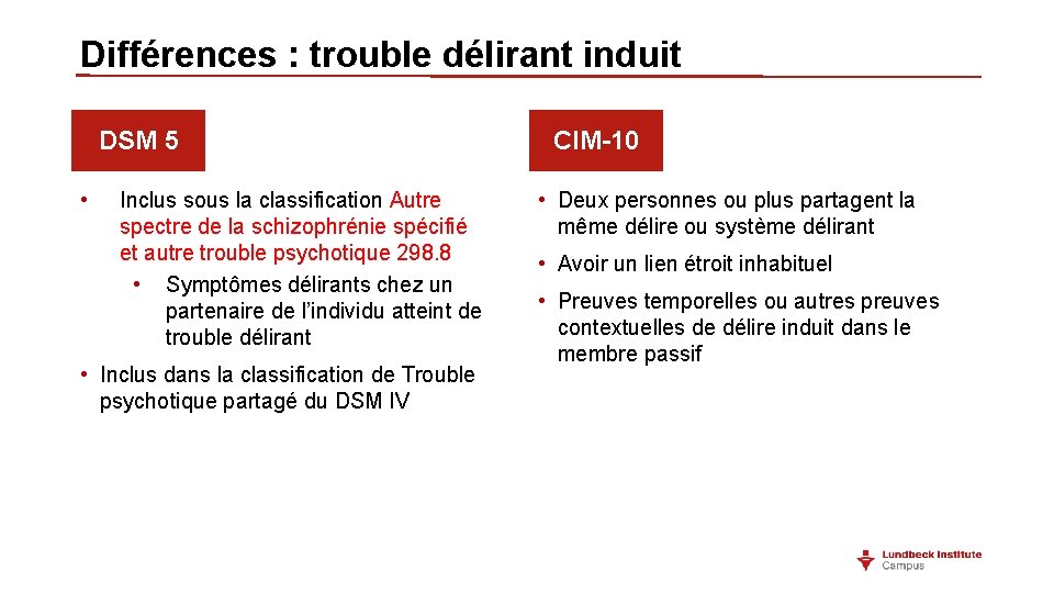 Différences : trouble délirant induit DSM 5 • Inclus sous la classification Autre spectre Différences : trouble délirant induit DSM 5 • Inclus sous la classification Autre spectre