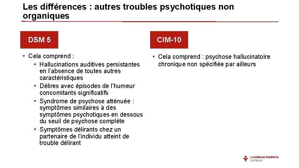Les différences : autres troubles psychotiques non organiques DSM 5 • Cela comprend : Les différences : autres troubles psychotiques non organiques DSM 5 • Cela comprend :