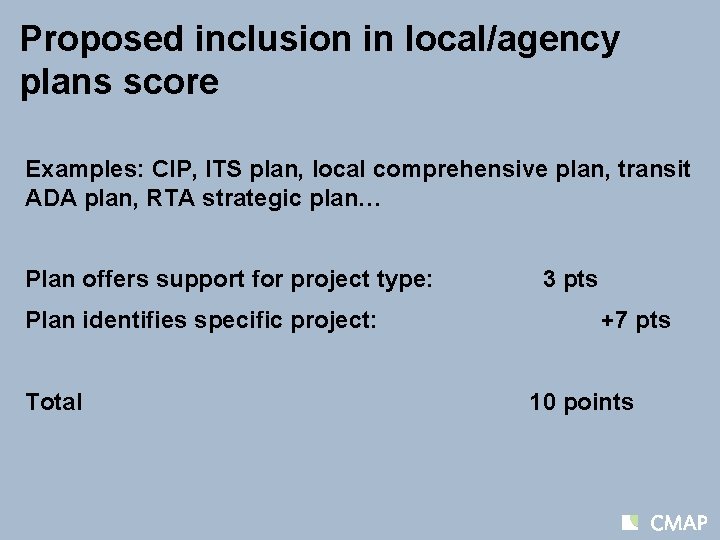 Proposed inclusion in local/agency plans score Examples: CIP, ITS plan, local comprehensive plan, transit
