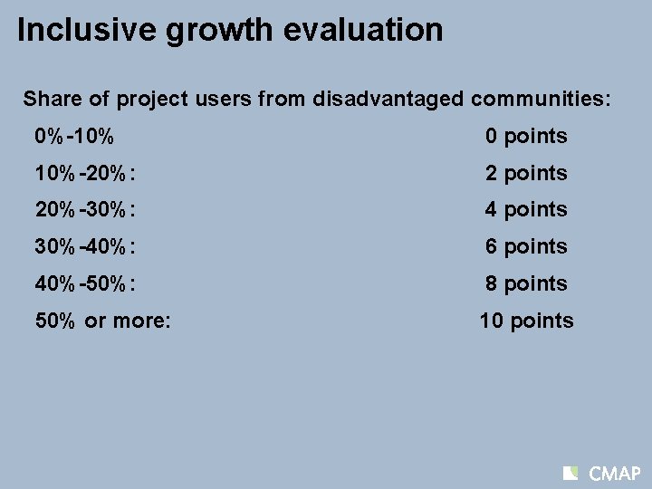 Inclusive growth evaluation Share of project users from disadvantaged communities: 0%-10% 0 points 10%-20%: