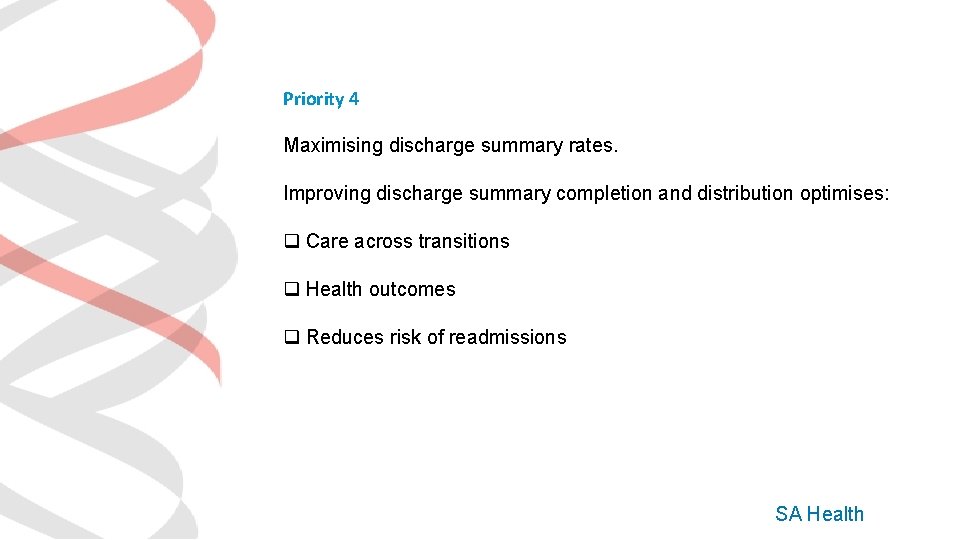 Priority 4 Maximising discharge summary rates. Improving discharge summary completion and distribution optimises: q