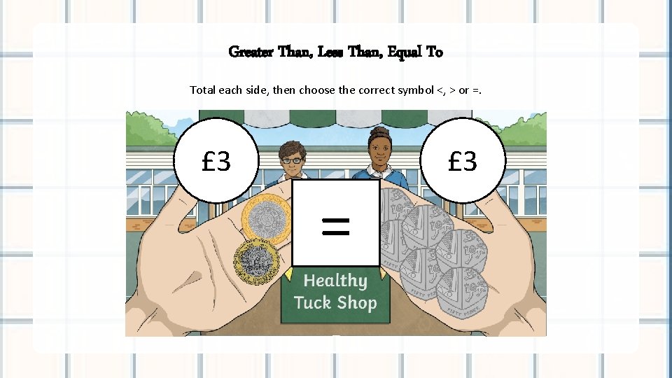 Greater Than, Less Than, Equal To Total each side, then choose the correct symbol