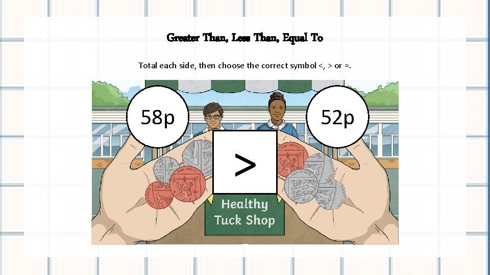 Greater Than, Less Than, Equal To Total each side, then choose the correct symbol