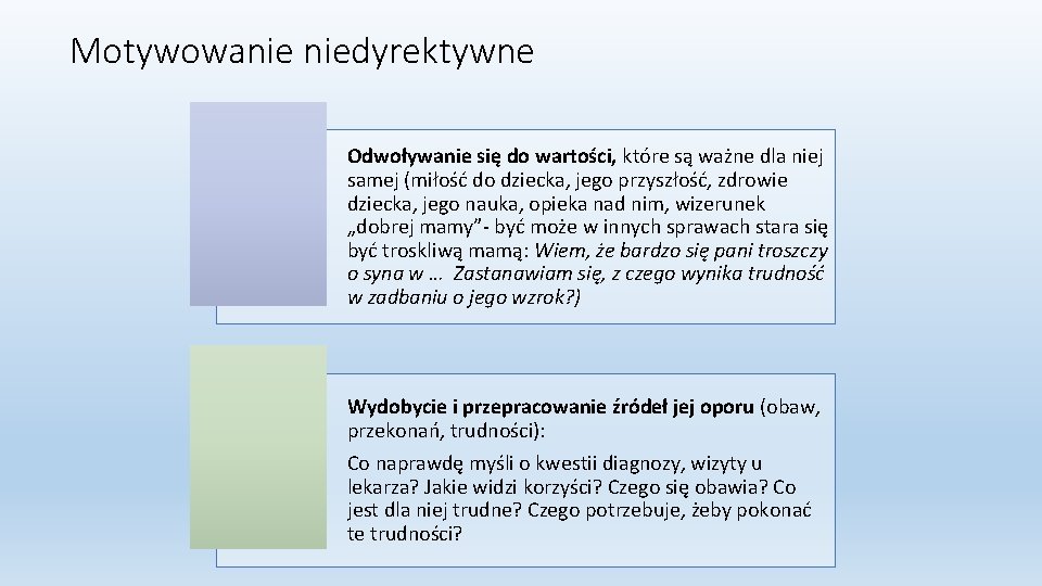 Motywowanie niedyrektywne Odwoływanie się do wartości, które są ważne dla niej samej (miłość do