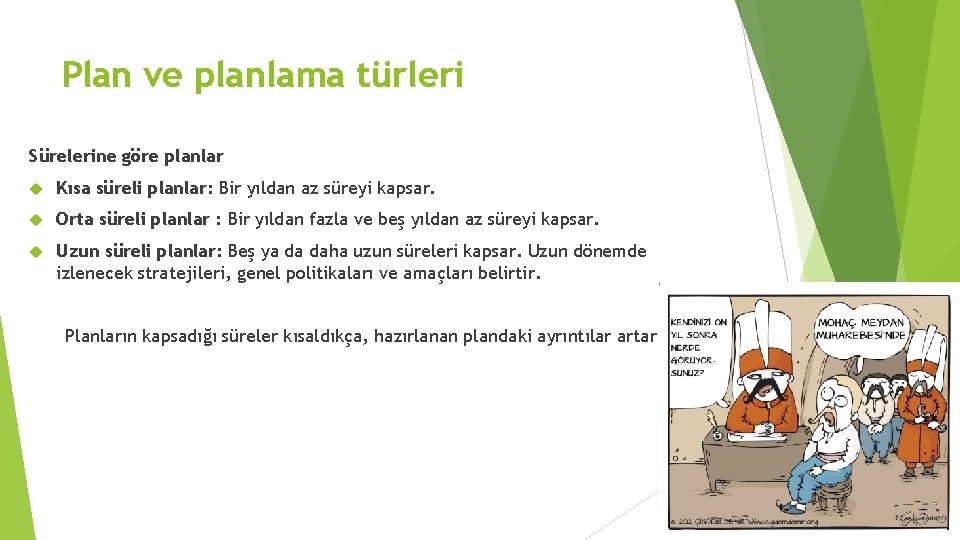 Plan ve planlama türleri Sürelerine göre planlar Kısa süreli planlar: Bir yıldan az süreyi