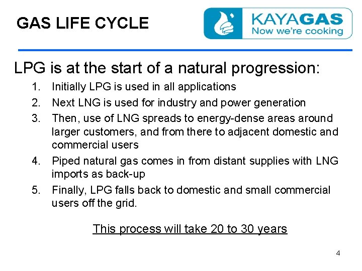 GAS LIFE CYCLE LPG is at the start of a natural progression: 1. Initially