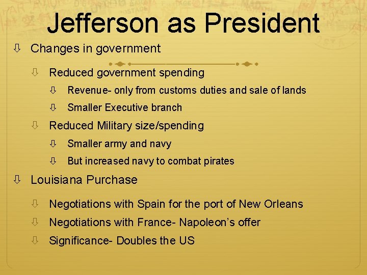 Jefferson as President Changes in government Reduced government spending Revenue- only from customs duties