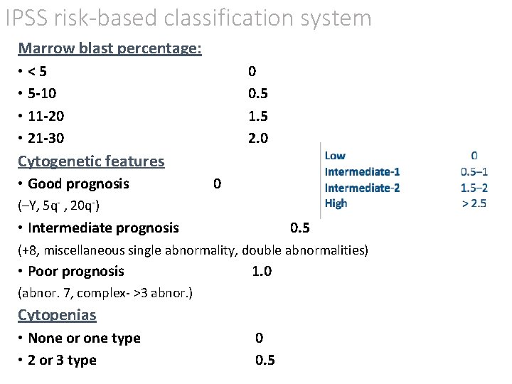 IPSS risk-based classification system Marrow blast percentage: • <5 • 5 -10 • 11 IPSS risk-based classification system Marrow blast percentage: • <5 • 5 -10 • 11