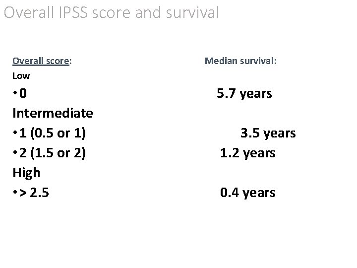Overall IPSS score and survival Overall score: Low • 0 Intermediate • 1 (0. Overall IPSS score and survival Overall score: Low • 0 Intermediate • 1 (0.
