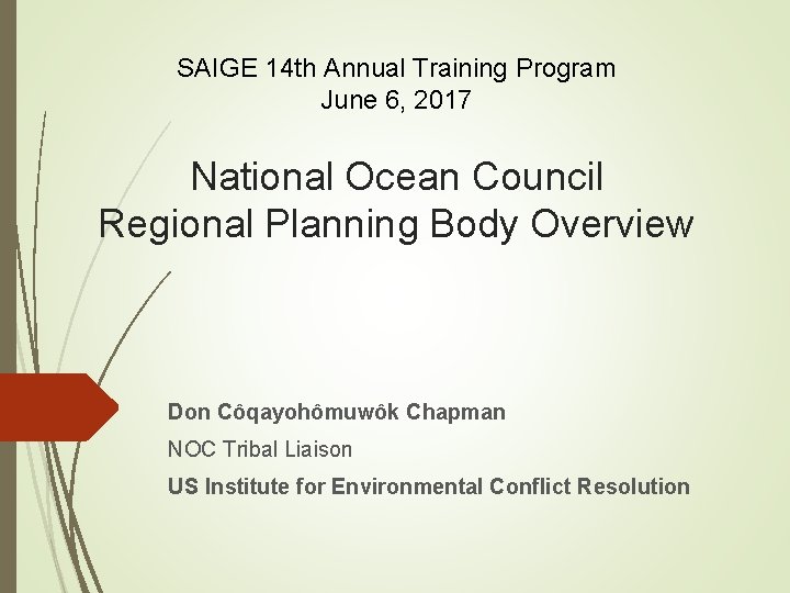 SAIGE 14 th Annual Training Program June 6, 2017 National Ocean Council Regional Planning