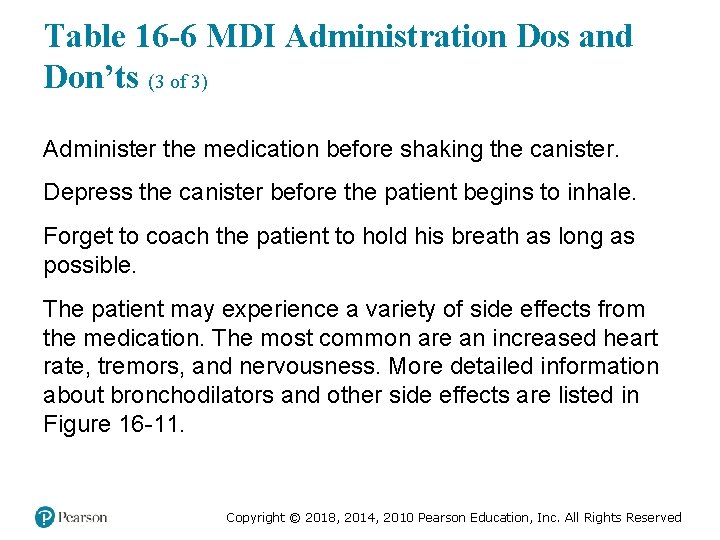 Table 16 -6 MDI Administration Dos and Don’ts (3 of 3) Administer the medication