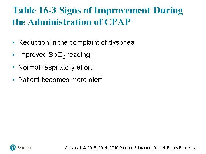 Table 16 -3 Signs of Improvement During the Administration of CPAP • Reduction in