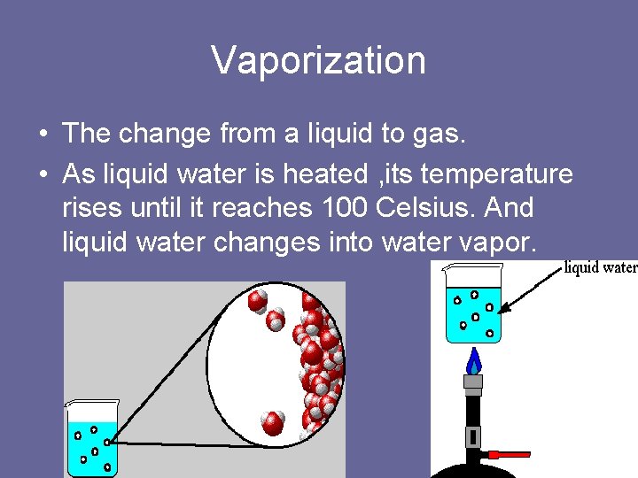 Vaporization • The change from a liquid to gas. • As liquid water is