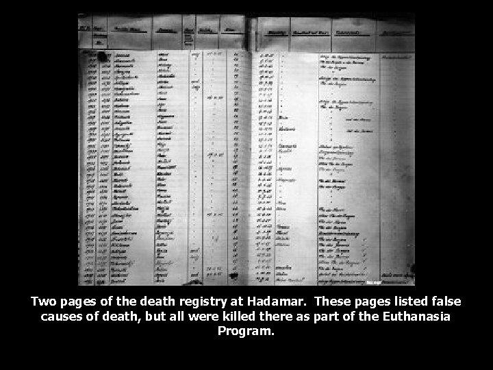 Two pages of the death registry at Hadamar. These pages listed false causes of