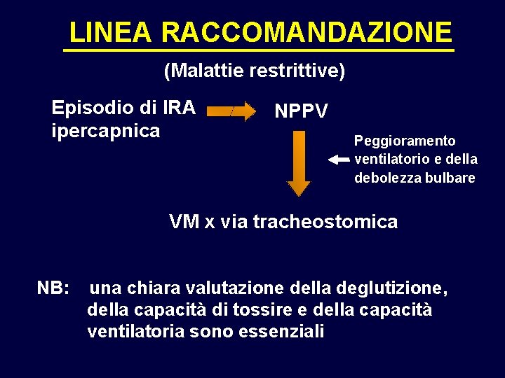LINEA RACCOMANDAZIONE (Malattie restrittive) Episodio di IRA ipercapnica NPPV Peggioramento ventilatorio e della debolezza LINEA RACCOMANDAZIONE (Malattie restrittive) Episodio di IRA ipercapnica NPPV Peggioramento ventilatorio e della debolezza