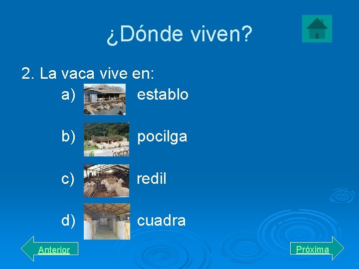 ¿Dónde viven? 2. La vaca vive en: a) establo b) pocilga c) redil d)