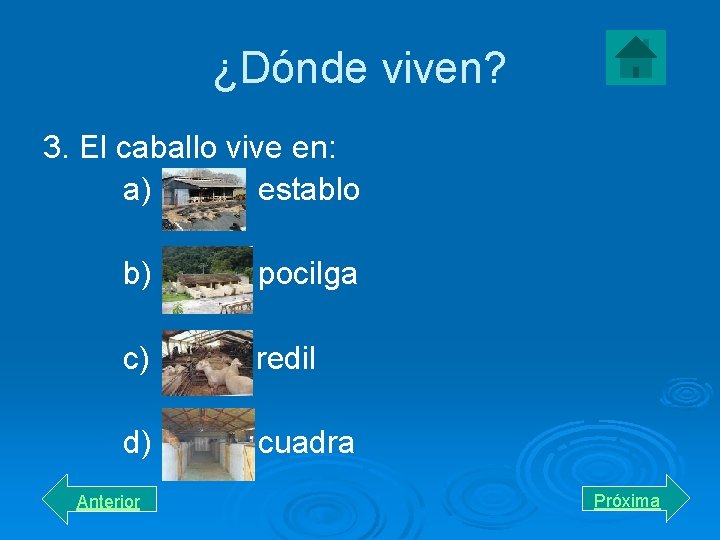 ¿Dónde viven? 3. El caballo vive en: a) establo b) pocilga c) redil d)