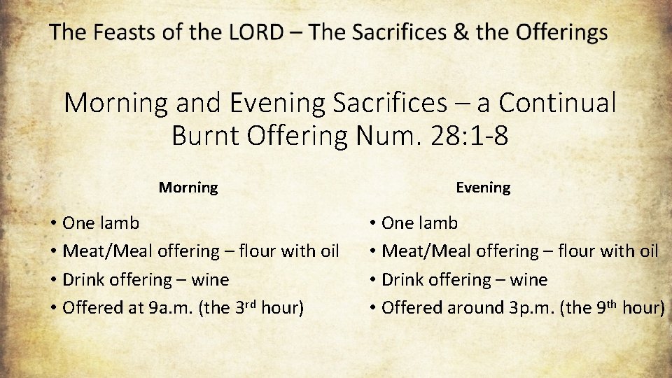 Morning and Evening Sacrifices – a Continual Burnt Offering Num. 28: 1 -8 Morning