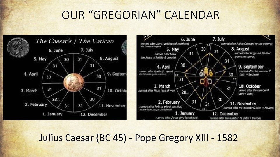 OUR “GREGORIAN” CALENDAR Julius Caesar (BC 45) - Pope Gregory XIII - 1582 