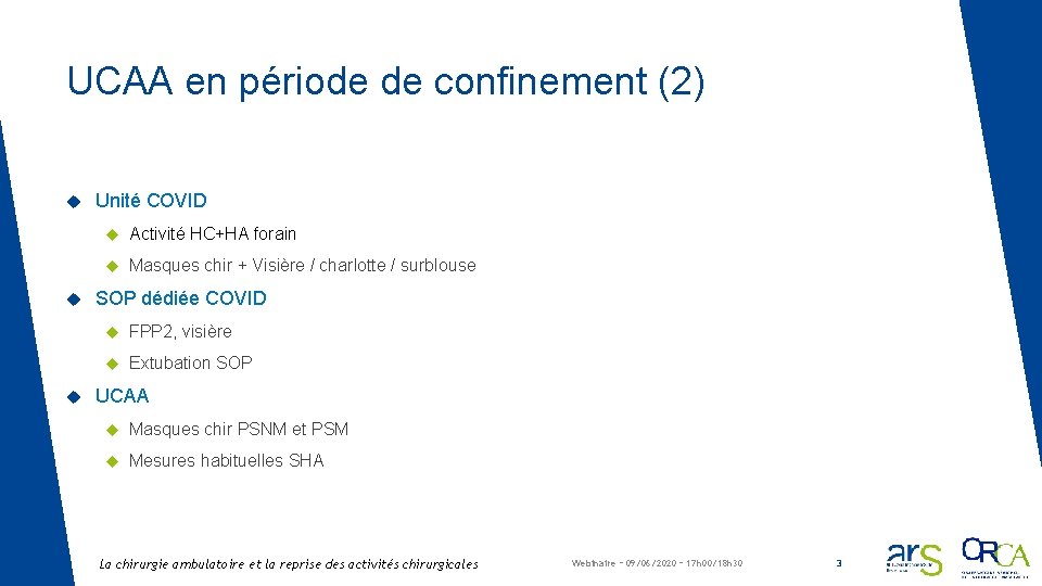 UCAA en période de confinement (2) Unité COVID Activité HC+HA forain Masques chir +