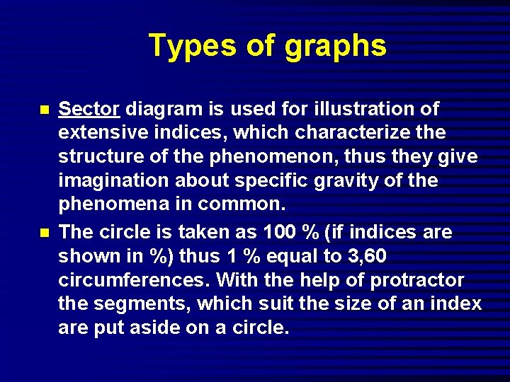 Types of graphs n n Sector diagram is used for illustration of extensive indices,