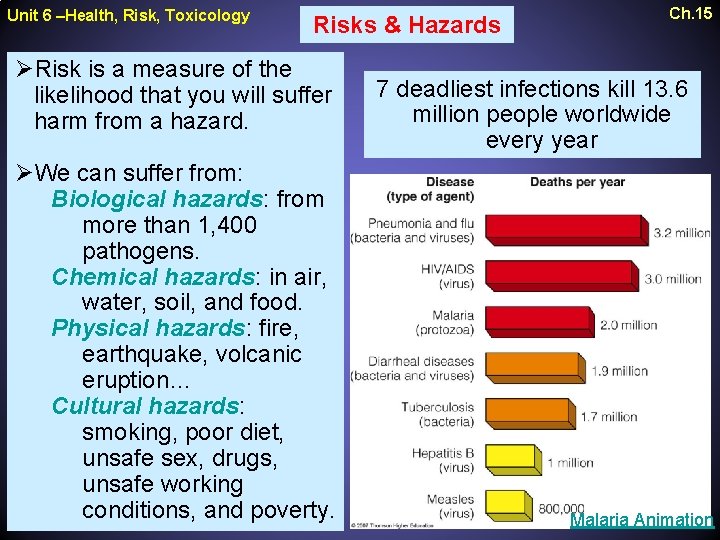 Unit 6 –Health, Risk, Toxicology Risks & Hazards ØRisk is a measure of the