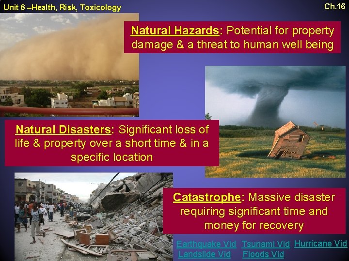 Ch. 16 Unit 6 –Health, Risk, Toxicology Natural Hazards: Potential for property damage &