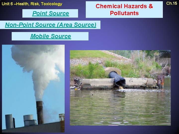 Unit 6 –Health, Risk, Toxicology Point Source Chemical Hazards & Pollutants Non-Point Source (Area