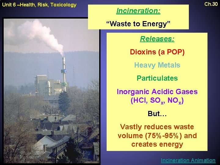 Unit 6 –Health, Risk, Toxicology Ch. 30 Incineration: “Waste to Energy” Releases: Dioxins (a