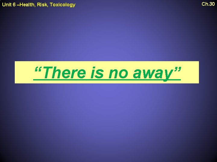 Unit 6 –Health, Risk, Toxicology “There is no away” Ch. 30 