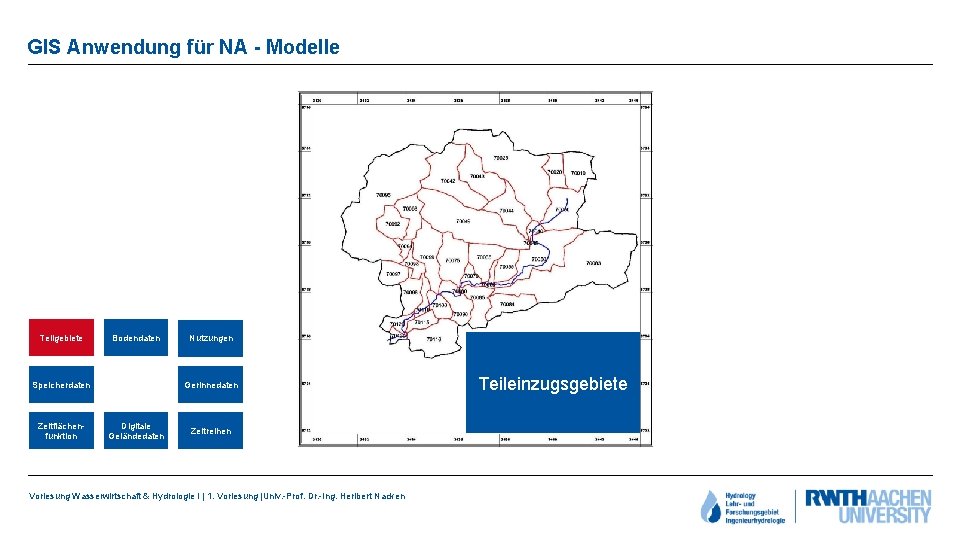 GIS Anwendung für NA - Modelle Teilgebiete Bodendaten Speicherdaten Zeitflächenfunktion Nutzungen Gerinnedaten Digitale Geländedaten