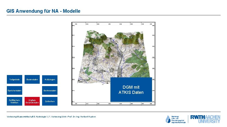 GIS Anwendung für NA - Modelle Teilgebiete Bodendaten Speicherdaten Nutzungen Gerinnedaten Digitales DGM mit