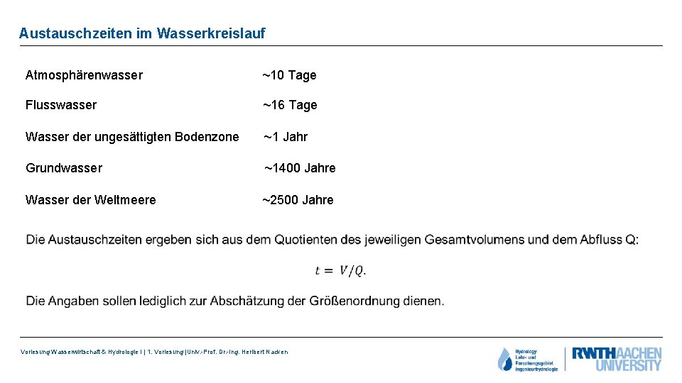 Austauschzeiten im Wasserkreislauf Atmosphärenwasser ~10 Tage Flusswasser ~16 Tage Wasser der ungesättigten Bodenzone ~1