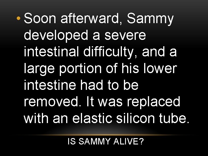 • Soon afterward, Sammy developed a severe intestinal difficulty, and a large portion • Soon afterward, Sammy developed a severe intestinal difficulty, and a large portion