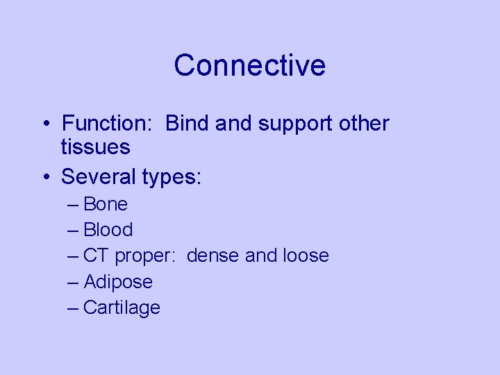 Connective • Function: Bind and support other tissues • Several types: – Bone –