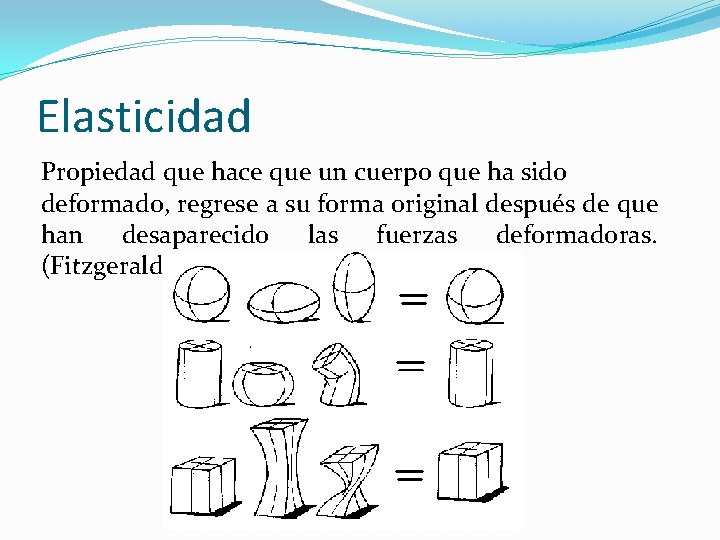Elasticidad Propiedad que hace que un cuerpo que ha sido deformado, regrese a su Elasticidad Propiedad que hace que un cuerpo que ha sido deformado, regrese a su
