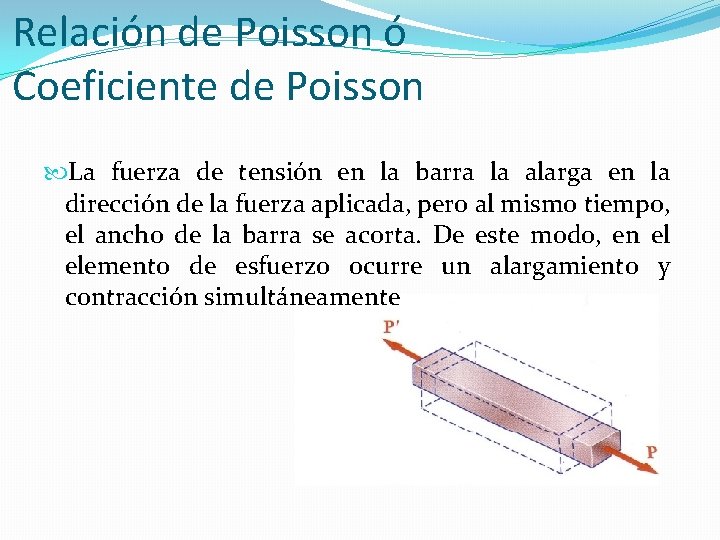Relación de Poisson ó Coeficiente de Poisson La fuerza de tensión en la barra Relación de Poisson ó Coeficiente de Poisson La fuerza de tensión en la barra