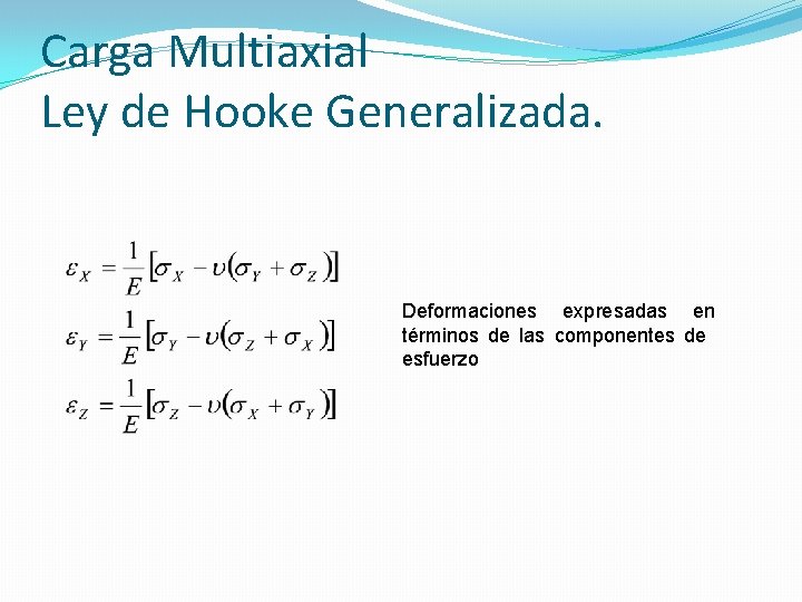 Carga Multiaxial Ley de Hooke Generalizada. Deformaciones expresadas en términos de las componentes de Carga Multiaxial Ley de Hooke Generalizada. Deformaciones expresadas en términos de las componentes de