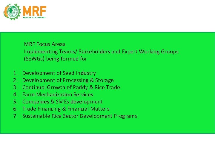 MRF Focus Areas Implementing Teams/ Stakeholders and Expert Working Groups (SEWGs) being formed for