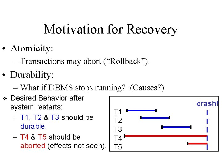 Motivation for Recovery • Atomicity: – Transactions may abort (“Rollback”). • Durability: – What