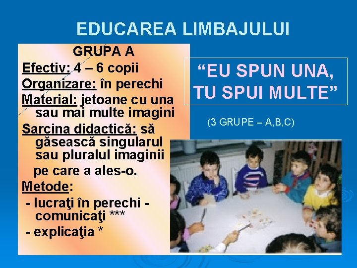 EDUCAREA LIMBAJULUI GRUPA A Efectiv: 4 – 6 copii Organizare: în perechi Material: jetoane