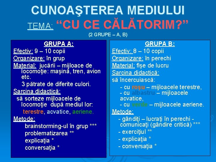 CUNOAŞTEREA MEDIULUI TEMA: “CU CE CĂLĂTORIM? ” (2 GRUPE – A, B) GRUPA A: