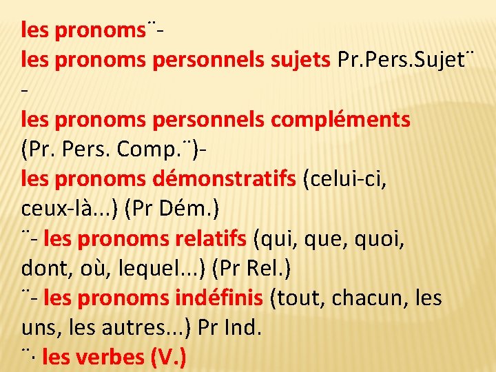 les pronoms¨les pronoms personnels sujets Pr. Pers. Sujet¨ les pronoms personnels compléments (Pr. Pers.
