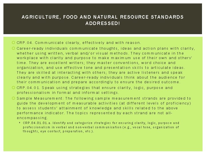 AGRICULTURE, FOOD AND NATURAL RESOURCE STANDARDS ADDRESSED! CRP. 04. Communicate clearly, effectively and with