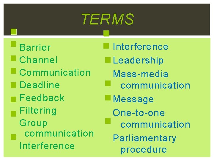 TERMS Barrier Channel Communication Deadline Feedback Filtering Group communication Interference Leadership Mass-media communication Message
