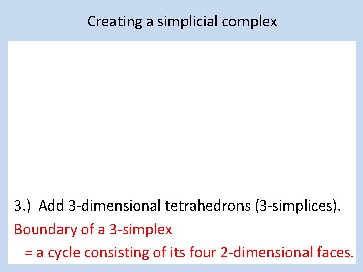 Creating a simplicial complex 3. ) Add 3 -dimensional tetrahedrons (3 -simplices). Boundary of